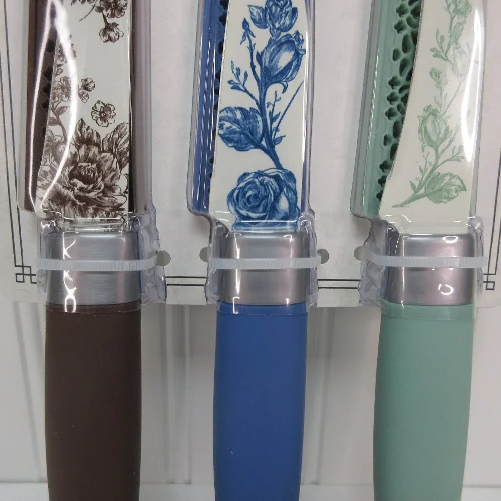 Pioneer Woman Agatha Floral Paring Knife Set Stainless Steel Green Blue Brown 3p